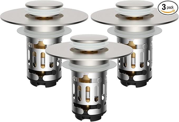 Hibbent 3 Pack 3 in 1 Bathroom Sink Drain Strainer, Universal Pop Up Stopper with Removable Stainless Steel Filter Basket Hair Catcher, Sink Plug for 1.1''~2.36'' Basin, Brass Core, Brushed Nickel