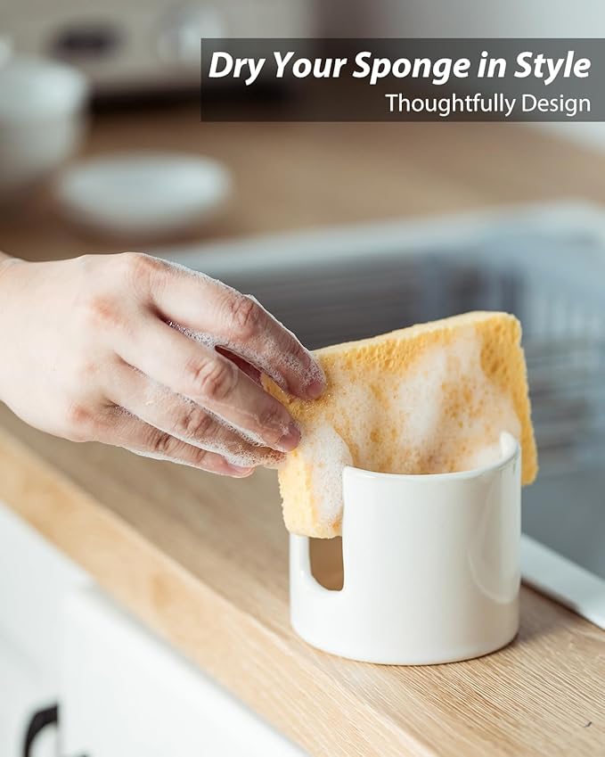 Zoeeker Sponge Holder for Kitchen Sink, Ceramic Dish Sponge Drying Caddy Scrubby Daddy Kitchen Organizer Cute Dish Rack for Sink Counter, Beige White