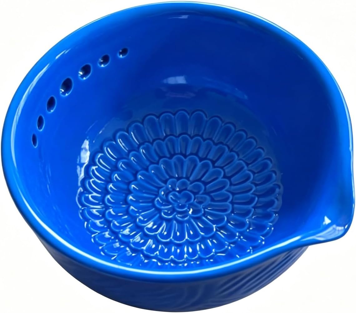 Ceramic Grater Bowl, 2-in-1 Garlic Grater & Herb Stripper (blue, 7Holes)