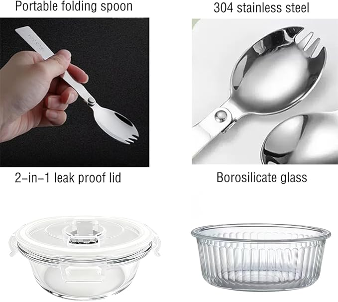 H.JSS WDJS 1.5 cup Round Glass Food Containers with Lids and Spoon, 12oz Small Glass Lunch Storage Containers, Small Round Meal Prep Bowls for Office, Outdoor. Microwave, Freezer, Dishwashe safe