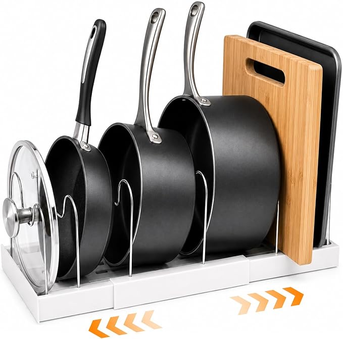 Pot Rack:Expandable Pan Organizer for Cabinet,Pot Lid Holder with 6 Adjustable Compartment for Kitchen Cabinet Cookware Baking Frying Rack,Apricot