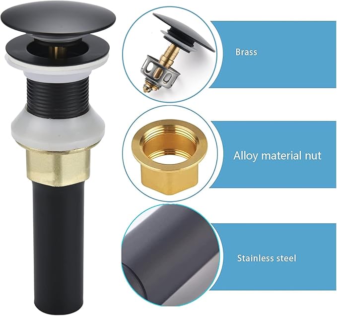 Rockgoya Bathroom Sink Drain,Drain Stopper Bathroom Sink Without Overflow,Pop Up Drain Assembly with Detachable Strainer Basket,Built-in Anti-Clogging Strainer,Stainless Steel Mattle Black