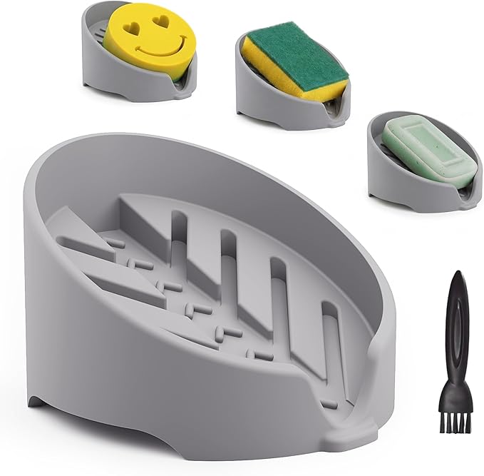 NiHome Silicone Sponge Holder Compatible with Scrub Daddy Mommy Sponges for Kitchen & Bathroom, Auto Draining Organizer, Holds Multiple Sponges & Cleaning Tools, Food-Grade, Dishwasher Safe (Gray)