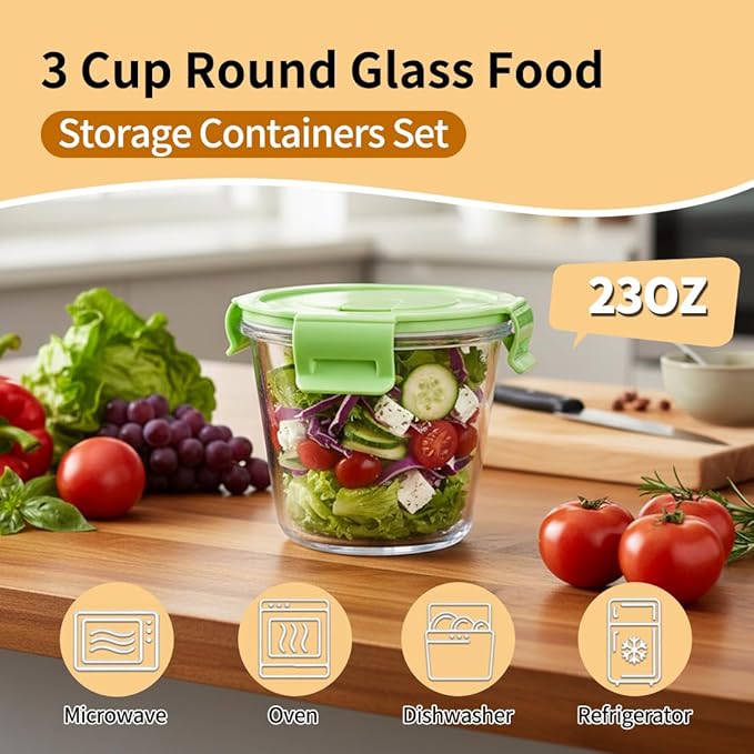 3 Cup Round Glass Food Containers With Airtight Lids, BPA-Free 23oz Round Glass Soup Storage Container Set,Food bowls for Leftover, Microwave, Dishwasher, Fridge and Freezer Safe