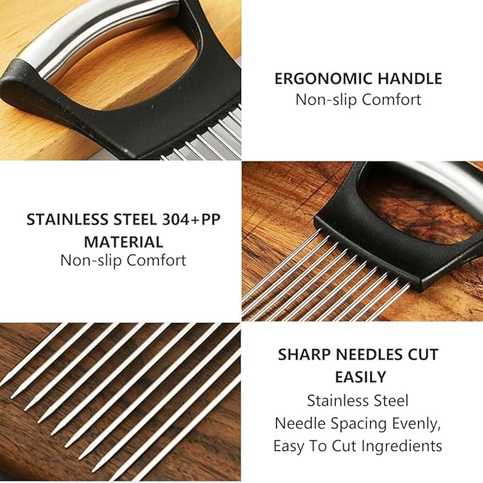 Onion Holder for Slicing, Stainless Steel Vegetable Slicer Cutter, Multifunctional Onion Slicing Tool for Tomato, Potato, Lemon, Meat, Easy Home Kitchen Chopper Assistant (2 Pack)
