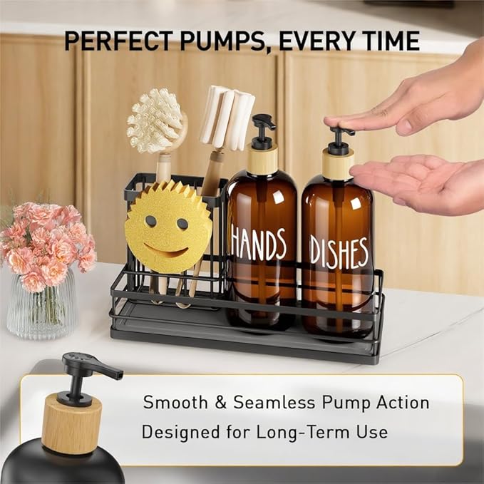 Moforoco Kitchen Dish Soap Dispenser Set, 16OZ Glass Bottle, Hand and Dish Soap Dispenser Set, Instant Dry Tray, Brush Holder with Smiley Face Sponge Holder (Black Tray+Amber Bottle)