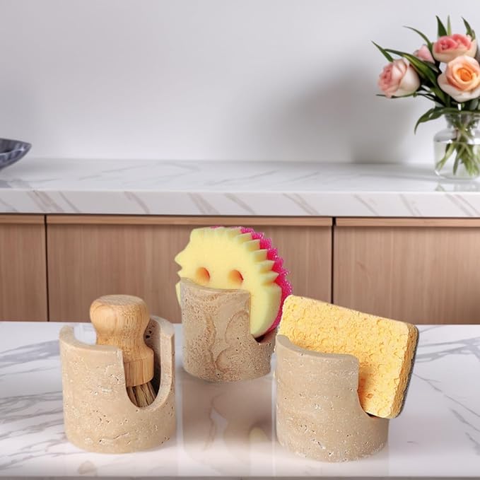 Natural Travertine Stone Sponge Holder, Compact Upright Sink Organizer for Kitchen & Bathroom Countertops, Porous Stone Design Supports Everyday Drying, Minimal Decor, Beige