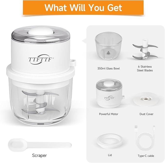 Electric Garlic Chopper, 350ML Glass Bowl Mini Food Processor, Portable Veggie Chopper Onion Garlic Grinder, Wireless Blender for Ginger, Chili, Fruit, Meat, etc
