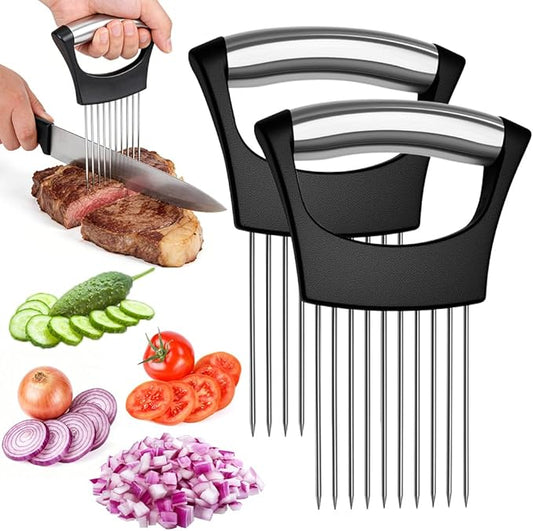 Onion Holder for Slicing, Stainless Steel Onion Slice Holder, Lemon Slicer Vegetable Cutter, Chopper Slicing Assistant for Meat, Onion, Potato, Tomato - Kitchen Tool (2 Piece)
