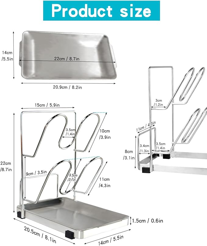 YQh pot lid holder,Two-compartment Stainless Steelcooking rack,pot lid holder while cooking,spoon rest with lid holder,spatula holder for counter,stove top shelf spoon and lid rest,pot lid organizer