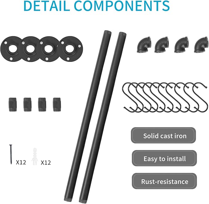Pipe Hanging Rail for Pots, Pans, Lids, Kitchen Utensils 21 inch 2 Pack, Wall Mounted Rail Rack Pipe Bar with 10 S Hooks Indutrial Style, Black