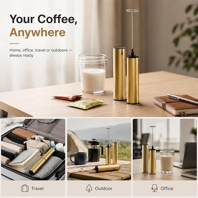 Rechargeable Electric Milk Frother Handheld,2-Speed Travel Frother with Tube Case, Milk Foamer Coffee Frother for Latte, Cappuccino, Drink Mixer with 2 Stainless Whisks and Charger Golden