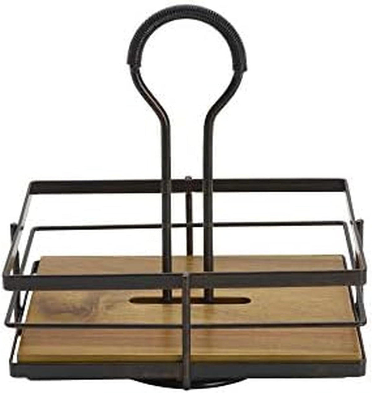 Nova Rotating Condiment Caddy, Handcrafted Iron and Acacia Wood Table Organizer with Spinning Platform and Carrying Handle, Contemporary Black Finish, 8.75 x 7 x 9.25 Inches