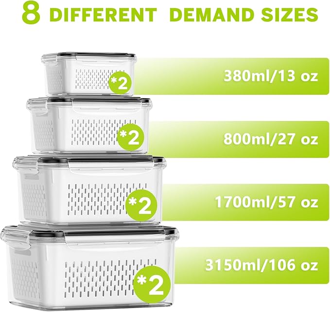 HOMETALL 8 Pack Fruit Storage Containers for Fridge, Produce Containers for Fridge with Colander, Leakproof Fridge Organizers and Storage for Berry Vegetable Salad Lettuce Meat Food