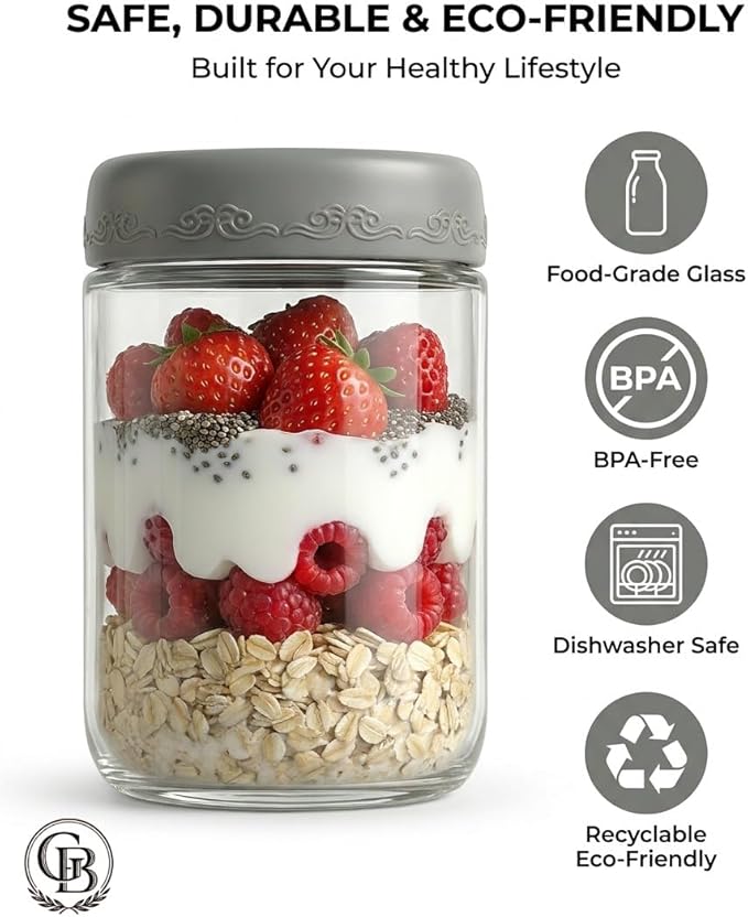 16 OZ Overnight Oats Jars with Lids 8 Pack, Glass Meal Prep Containers, Reusable Food Storage Jars, Airtight Mason Jars for Breakfast, Yogurt Parfait, Salad, Smoothies(8 Pack)
