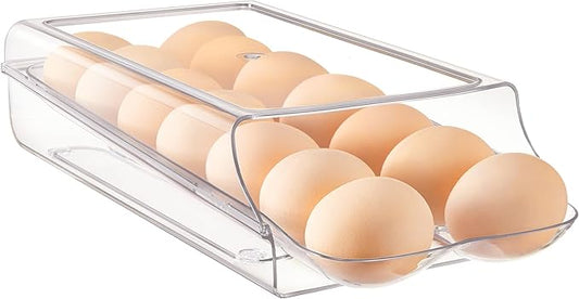 Vtopmart Clear Plastic Egg Holder for Fridge, Automatic Rolling Egg Container for Refrigerator, Stackable 14-Count Eggs Organizer with Removable Inner Tray, Fridge Organizers and Storage, 1Pack