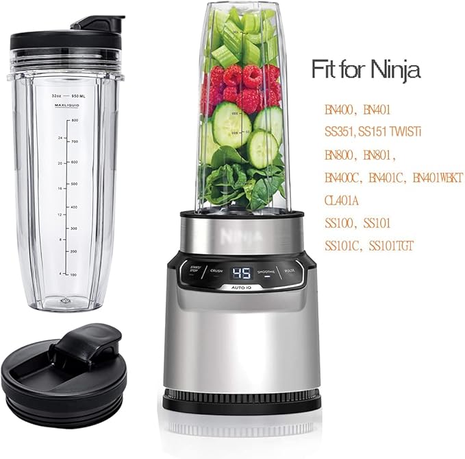 32OZ Replacement Cups Compatible with Ninja Nutri BN401, SS101, BN400, BN800, BN801, SS351, SS151 TWISTi DUO Blender, with Upgraded Sip and Seal Lids- Convenient to Drink Directly.(2 Pack)