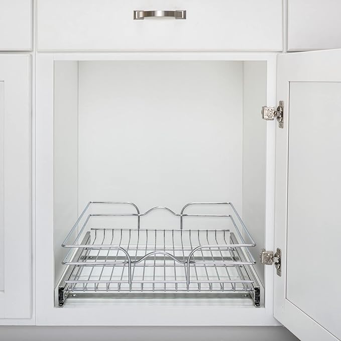 Rev-A-Shelf Steel Wire Pullout Drawer Organizer Shelf for Kitchen Cabinets, Slide Out Storage Basket, Min Opening Width of 17.5", 18" x 22", 5WB1-1822CR-1