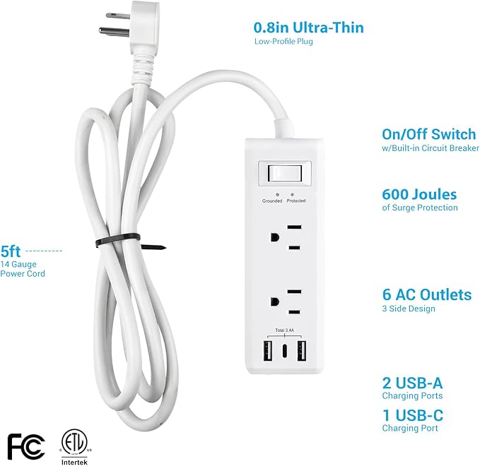 Clear Power 6-Outlet Surge Protector Power Strip with 3 USB Ports(1 USB-C), 5ft Power Cord, Flat Plug, Multi Outlets on 3 Sides, Desktop Charging Station, White, DC3S-1106-DC