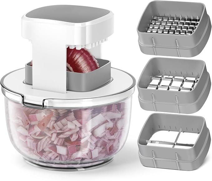 Vegetable Chopper Bowel Multi-functional 3 Interchangeable Blades Onion Chopper French Fry Cutter Veggie Dicer for Cucumber, Tomato, Zucchini, Carrot, Citrus