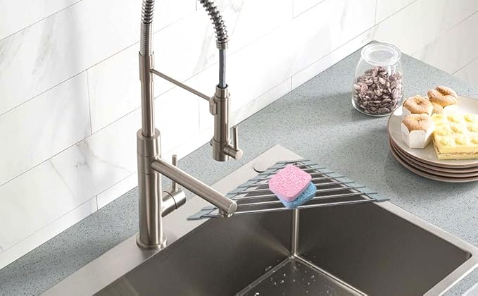 Triangle Dish Drying Rack for Sink Corner Roll Up Folding Stainless Steel Multipurpose Over The Sink Dish Drainer Mat for Kitchen (Grey)