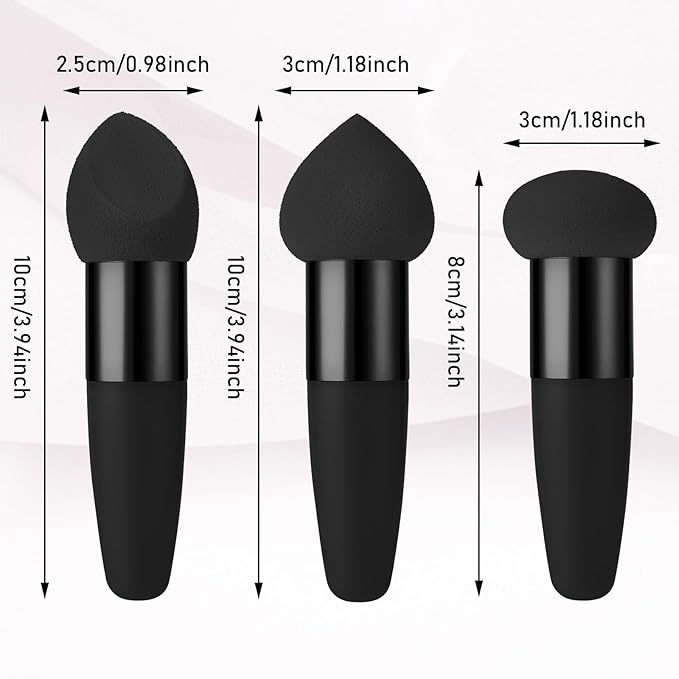 Sibba 3Pcs Mini Makeup Sponge Set Foundation Concealer Blending Puff with Angled Brush Applicator Handle, Portable Packaging for Face, Eyebrow, and Powder Application(black)