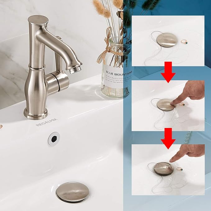 REGALMIX Bathroom Sink Drain with Overflow, Brushed Nickel Pop Up Drain 2 Pack, All Metal Bathroom Sink Stopper for Vanity Vessel Sink, Stainless Steel and Brass, RM083J-P2