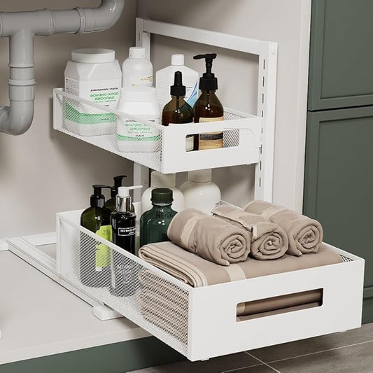 Under Sink Organizer Adjustable Height 2 Tier Bathroom Organizer Pull Out