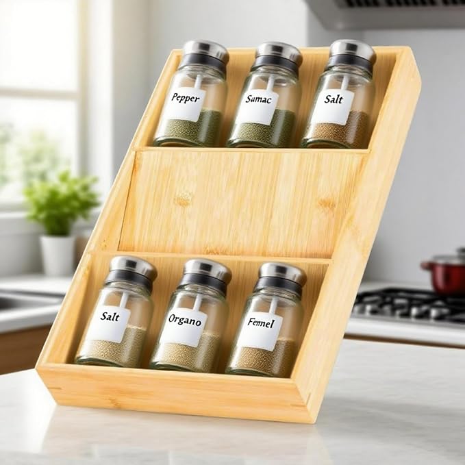 3-Tier Bamboo Spice Drawer Organizer Spice Rack Organizer for Kitchen – Natural Bamboo Countertop & Drawer Cabinet Storage Shelf Space Saving – Lightweight, Scratch-Resistant, Easy Assembly