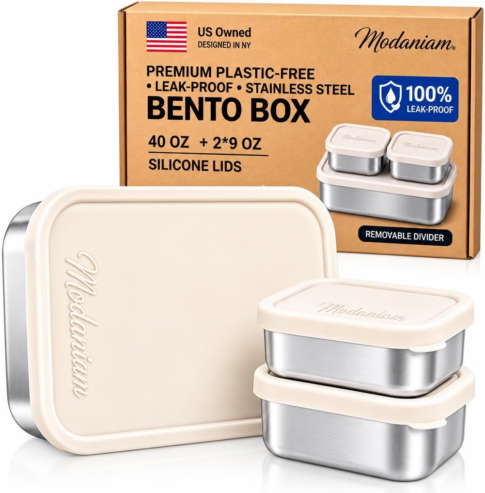 Flexibento Stainless steel Lunch Box Container Set, bento Box set (Vanilla, Medium set Of Three: 40 OZ + 2 * 9 OZ)