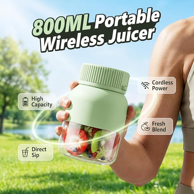 Portable Wireless Juicer Cup, 2026 Upgraded 28 Oz Electric Juicer Cup with 38-Blades, Dual Lid Compact Travel Drinking Cup, Rechargeable USB-C Personal Blender for Fruits & Vegetables (Green-2Pcs)