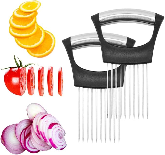 2025 New Onion Holder for Slicing, Stainless Steel Onion Slice Holder Lemon Slicer Vegetable Cutter, Kitchen Gadgets Chopper Slicing Assistant Tool for Meat, Onion, Potato, Tomato (2 Pcs)