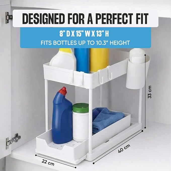 Undersink Organizer, 2-Tier Under Sink Storage Rack with Sliding Drawers for Kitchen Bathroom Cabinets, Pull Out Organizer for Pantry, Laundry Room & Closet Organization - 2 Pack, White