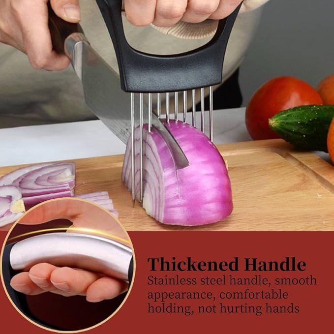 Stainless Steel Onion Holder, Fruits Veg Meat Tomato Cutter, Slicer Peeler Chopper with 10 Prongs Handy, Kitchen Gadgets Safety Cooking Tools