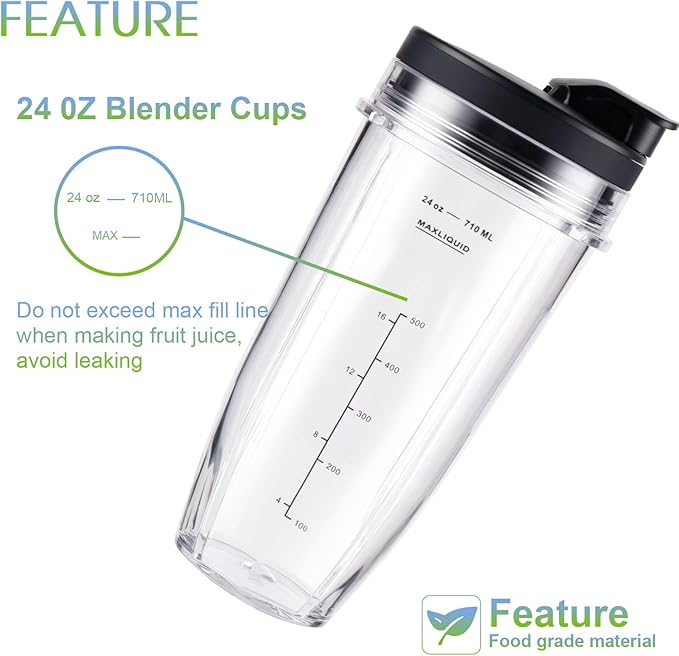 Ninja Blender Cups Replacement 24oz – Compatible with Ninja BN401, BL450, BL456, BL480, BL2012, BN751, BN801, SS101, SS151 – 3 Pack with To-Go Lids