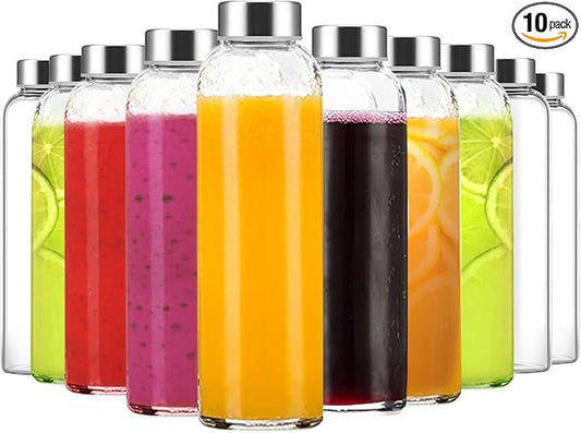 Luxfuel Clear Glass Bottles with Lids 18 oz, Reusable Glass Water Bottles with Stainless Steel Cap for Juicing, Refrigerator,100% Leak Proof, BPA Free, Juice Water Bottle Set of 10