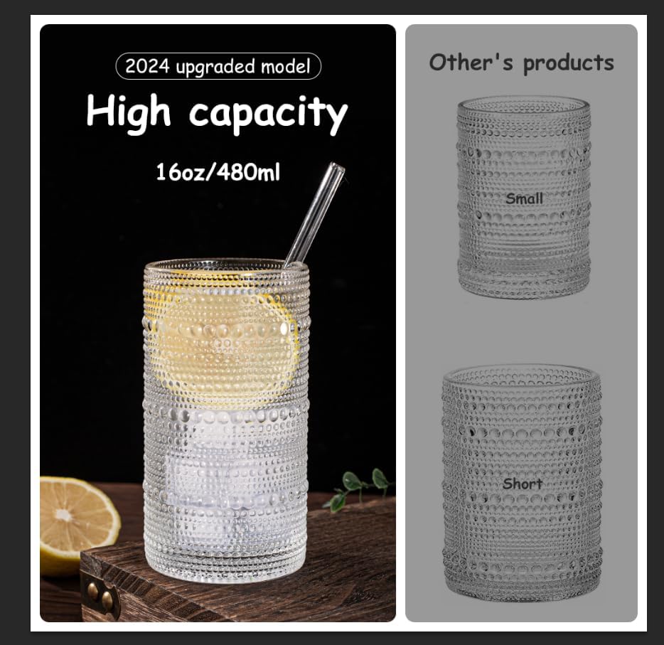 Upgraded Large Capacity 16 oz/480 ml Hobnail Glasses Drinking Set of 12 - Heavy Vintage Glassware