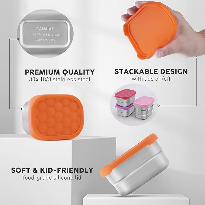 Tanjiae Small (1 CUP) Stainless Steel Snack Containers for Kids | Easy Open Leak Proof Food Containers with Silicone Lids - Perfect Metal Toddler Lunch Box for Daycare and School (8oz)