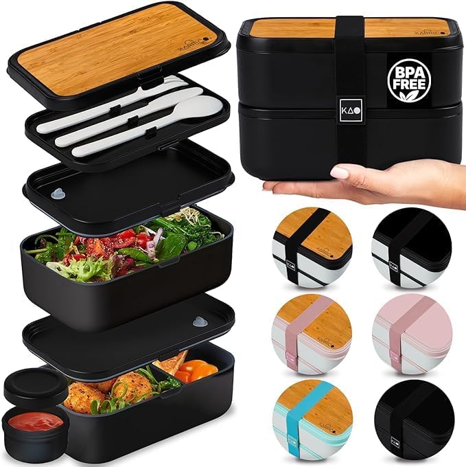 67oz Bento Box Adult, Leak-Proof, Stackable, Meal Prep, Black