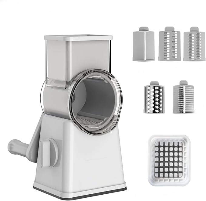 Rotary Cheese Grater and Shredder | Vegetable Chopper and Slicer | 8 Blades Manual Food Cutter | Multi-Function Grater | White