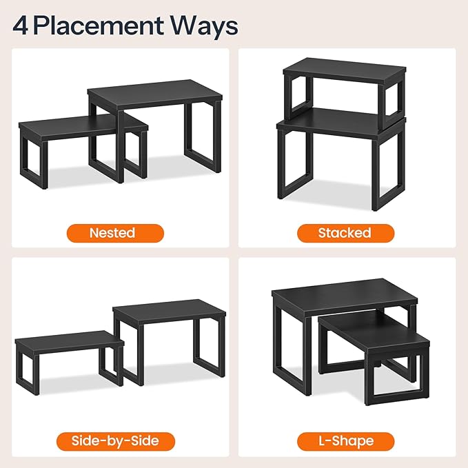 HOOBRO Cabinet Organizer Shelf, Set of 4 Kitchen Counter Shelves, Expandable Kitchen Storage, Stackable Spice Rack, for Kitchen, Countertop, Office Desk, Living Room, Black BK20TLP201