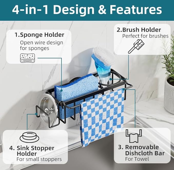 TAILI 4-in-1 Sink Caddy with Strong Suction Cup, Sponge Holder for Kitchen Sink Organizer, Removable, Rustproof, Stainless Steel Holder for Sponge, Brush, Scrubber, Scraper - Black