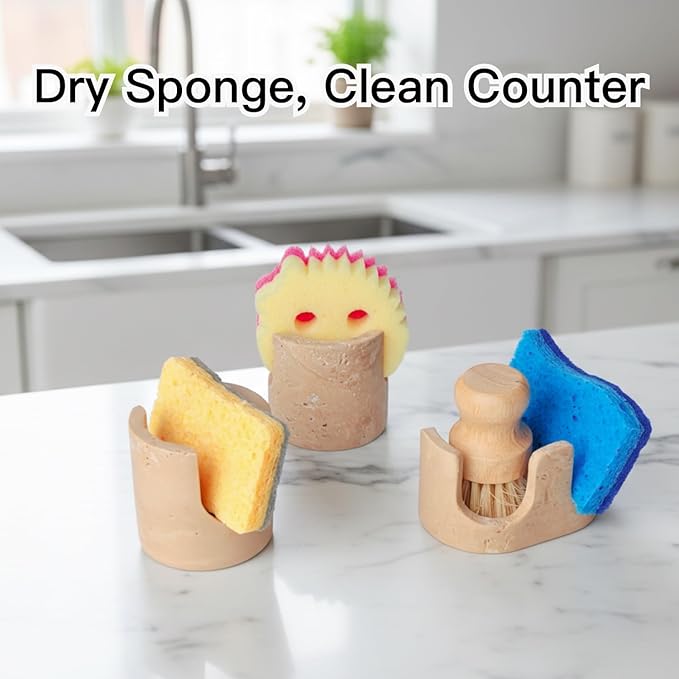 2 in 1 Travertine Sponge Holder, 2 Slot Natural Stone Sink Organizer with Raised Edge to Catch Drips,Keeps Sponges Dry & Countertop Clean, Heavy&Stable with Anti-Slip Base, Kitchen Decor,Double, Beige