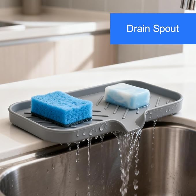 Large Sponge Holder for Kitchen, Silicone Tray with Drain Spout for Dispenser, Scrubber, Bottle, Soap Holder for Shower Bathroom (Grey, 9.8" x 4.9")