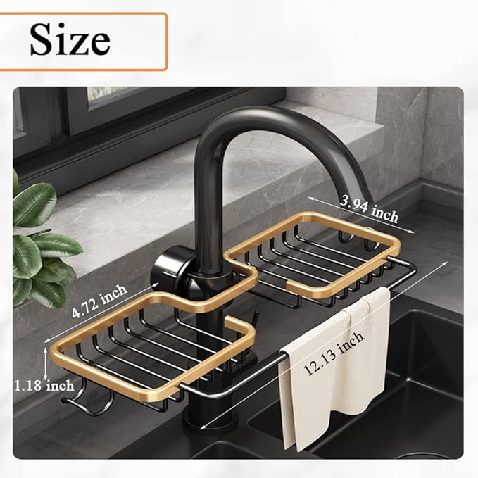 Faucet Sponge Holder Kitchen Sink Caddy Organizer Fit 0.71-1.1 inch Diameter Faucet Hanging Drain Rack for Sink Organizer (Double with Dishcloth Rack, Golden)