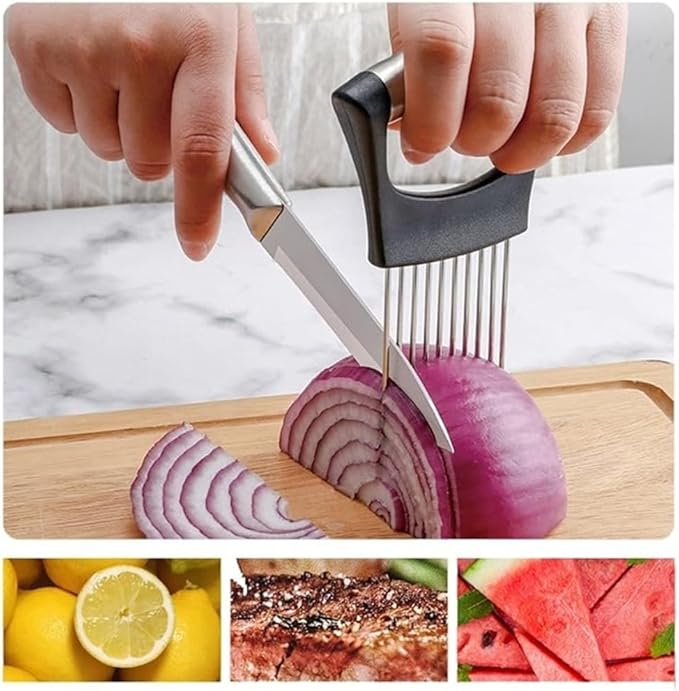 Stainless Steel Onion Slice Holder, New Onion Holder for Slicing, Lemon Slicer Vegetable Cutter, Chopper Slicing Assistant Tool for Potato, Tomato, Meat, Onion Home Kitchen Tools