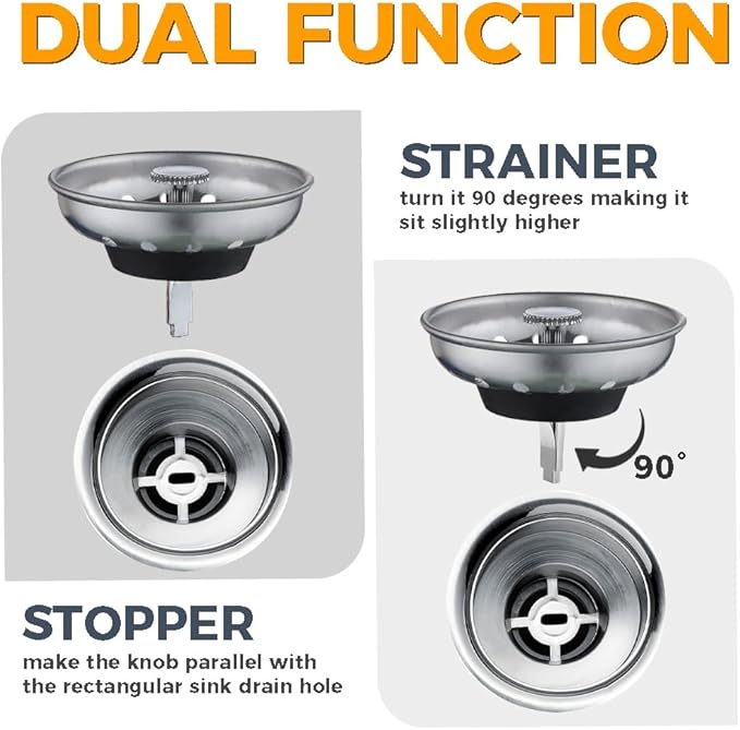 2 Pack - Kitchen Sink Strainer and Stopper Combo Basket Replacement for Standard 3-1/2 inch Drain, Stainless Steel Basket with Plastic Knob, Rubber Stopper Bottom