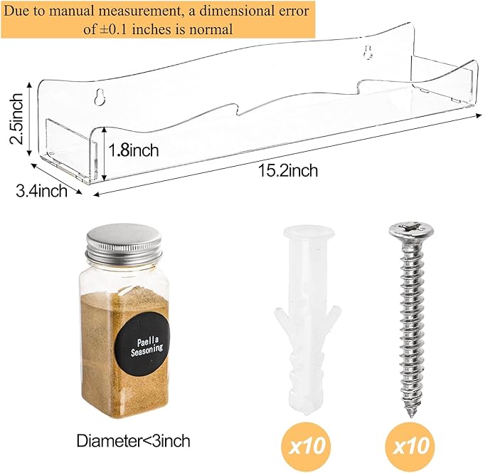 Peohud 4 Pack Acrylic Spice Rack Wall Mount, 15 Inch Clear Acrylic Floating Shelves, Hanging Perfume Organizer Display Rack for Nail Polish, Sunglasses, Figurine, Seasoning, Condiment, Kitchen, Pantry
