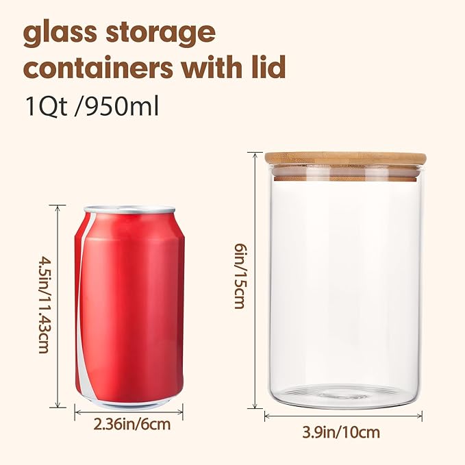 Moretoes 6Pack 1qt Glass Storage Containers with Bamboo Lids, Airtight Pantry Storage Jars for Flour, Sugar, Dry Goods