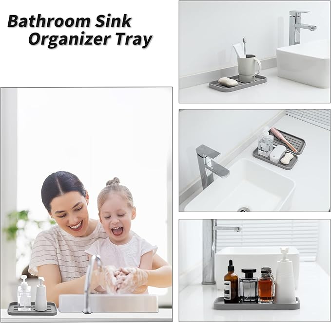 MicoYang Silicone Kitchen Sink Organizer Tray for Multiple Usage,Eco-Friendly Sponges Holder for Kitchen Bathroom Counter or Sink,Dish Soap Dispenser,Scrubber,Bottle,Cup (Grey, 10"×5.3")